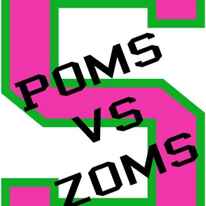 Puede incluir: Diseño gráfico con una gran letra "S" estilizada en rosa con contorno verde. Las palabras "POMS" y "ZOMS" están apiladas encima y debajo de "VS" en negrita, en negro, creando una declaración visual audaz.