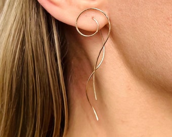Gold Spiral Earrings, Minimalist Threaders, 14kt Gold-Filled Wire Curve Earrings, Long Hook Earrings, Hammered Wire Freeform Jewelry
