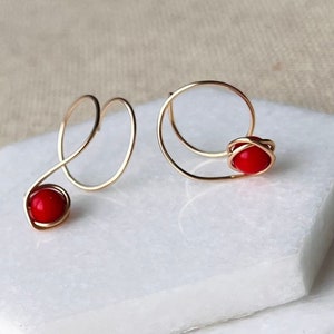 Spiral Earrings, 14kt Gold-filled Wire Hoop Earrings with Red Bamboo Coral, Curly Earrings, Red Gemstone Jewelry in Ukrainian Style