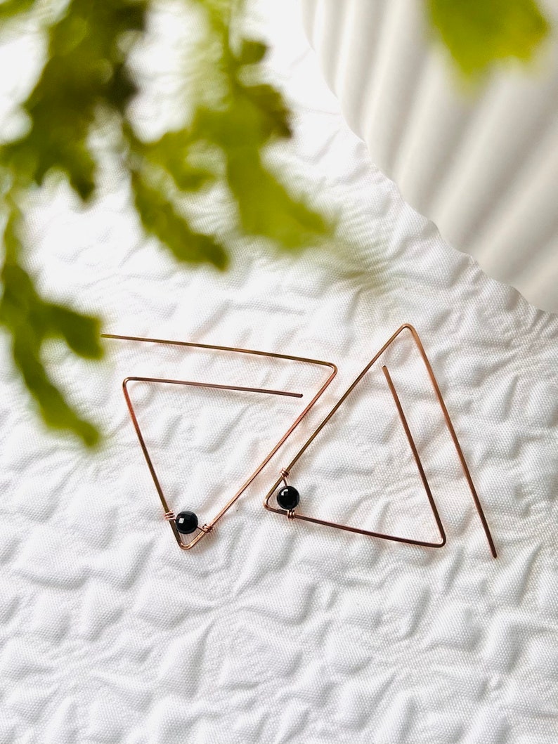 14kt Rose Gold-filled Wire Triangle Earrings with Spinner Spinel Gemstone Minimalist Jewelry Gift for Her image 2