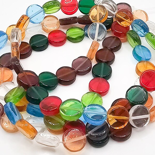 Multi Glass Coin Beads - Flat Round Glass Beads - Boho Glass Beads - Vintage Glass Coin Beads - Multi Colored Glass Beads - LuxiesAndCo