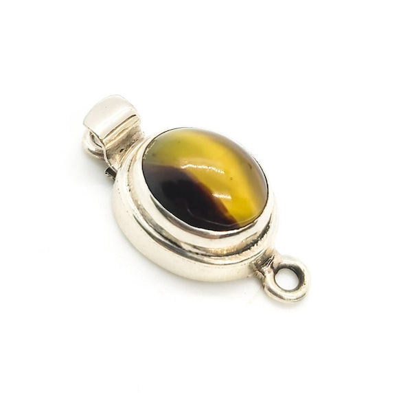 Tigers Eye Sterling Silver Vintage Box Clasp - 925 Gemstone Box Clasp - Silver Gemstone Jewelry Clasp - Natural Stone Silver Clasps