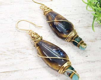 Ceramic Teardrop Earrings - Blue Crystal Boho Earrings - Artisan Ceramic Earrings - Wire Wrapped Earrings - Blue Bohemian Earrings