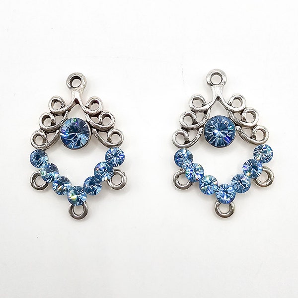 Aqua Premium Crystal Chandelier Earring Pendants, Set Of Two Fancy Charms, Sterling Silver Plated Earring Pendants, Blue Crystal Charms