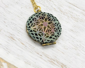 Essential Oil Locket Necklace - Patina Locket Necklaces - Custom Locket Necklace - Brass Round Locket - Filigree Locket Necklace - Necklaces