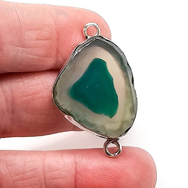 Silver Double Link Solar Agate Gemstone Pendant - Green Agate Gemstone Connectors - .925 Sterling Plated Connectors - Druzy Agate Pendants