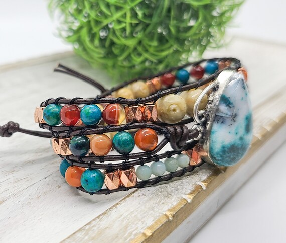 Bohemian Wrap Bracelet Dendrite Gemstone Bracelet Beaded Leather