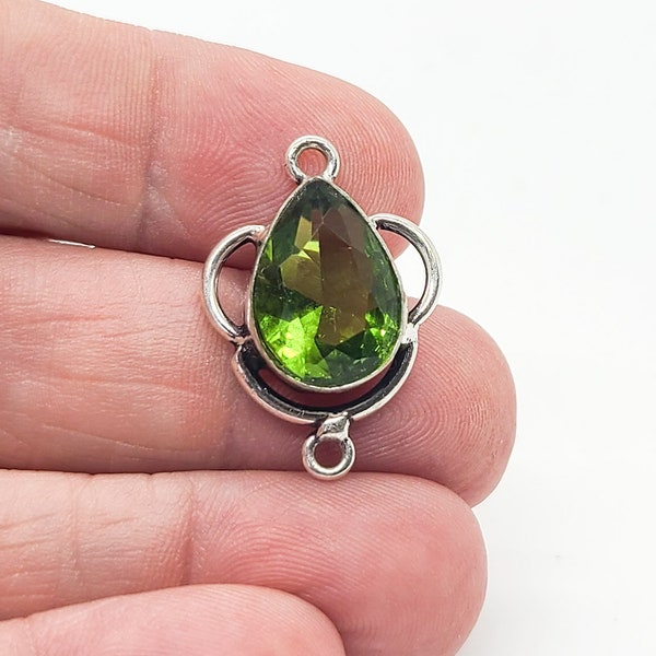 Green Crystal Gemstone Connector - Semi Precious Gemstones - Silver Link Connector - Silver Earring Connectors - 925 Silver Plated Pendant
