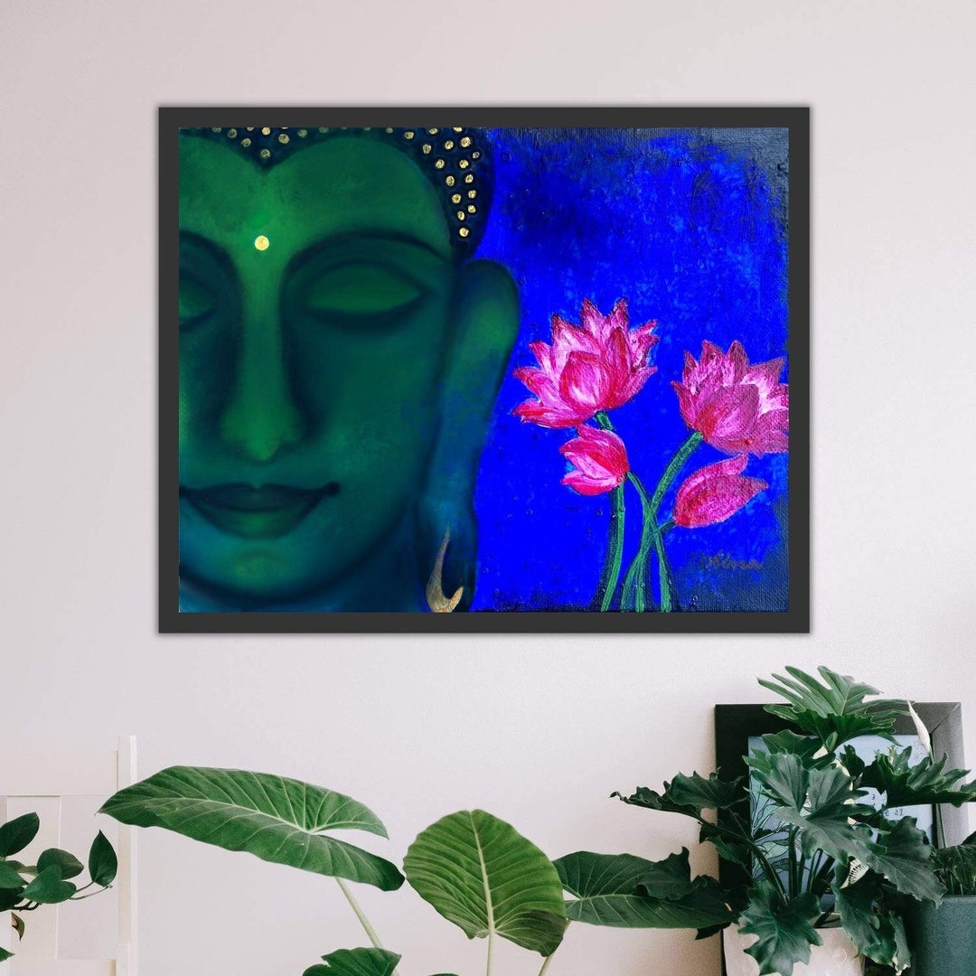 Green Blue Gautam Buddha Lotus Canvas Painting Print – Zen Meditation ...
