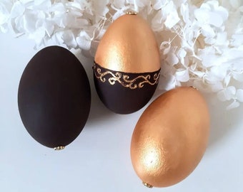 Easter set 3 goose eggs - collection "Ďark chocolate and gold" Modern pysanky Easter gift