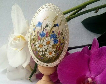 Hand Paint and Carved goose egg, Decorative egg, Egg art, Original gift, Ornaments, Happy gift, Eco-friendly, Pysanky, Wildflowers, Lase egg