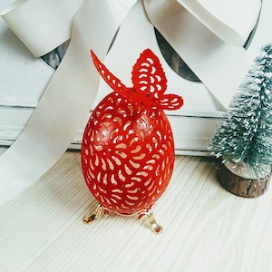 Carved Egg Shell, Lace Eggshell Butterfly, Egg Art, Decorated Red Goose Egg, Unique Ornament, Nature Original Gift , Open-work egg. Pysanka