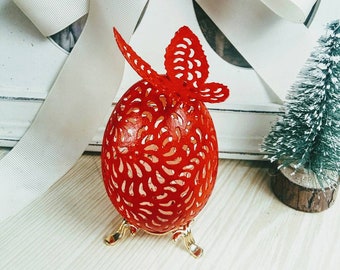 Carved Egg Shell, Lace Eggshell Butterfly, Egg Art, Decorated Red Goose Egg, Unique Ornament, Nature Original Gift , Open-work egg. Pysanka