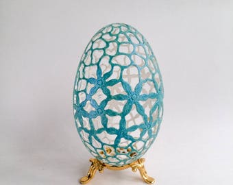 Turquoise goose egg, lace eggshell, patterns egg, lacy pattern, egg Easter, OOAK, egg art, carved eggs, pysanky, unique gifts,  ornaments,