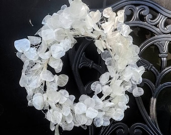Gebleichter Lunaria Kranz, getrocknete Silberdollar Pflanze, Hochzeitskranz (33 inches)