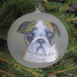 Dog Christmas Ornament, Christmas Dog Portrait  Bauble, Ball Pet Portrait Bulldog, Hand painted Glass Craft Gift