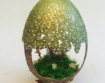 Hand carved goose egg, composition of stabilized moss, hand painting eggshell, egg art