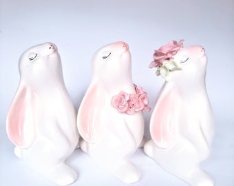 Handmade Ceramic Easter Bunny Set with Porcelain Flowers