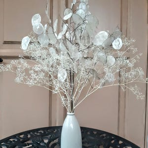 May include: A white ceramic vase holds a bouquet of dried flowers. The arrangement features delicate white baby's breath and larger, round, silvery-white Lunaria, also known as silver dollar plants. The vase sits on a black, ornate table.
