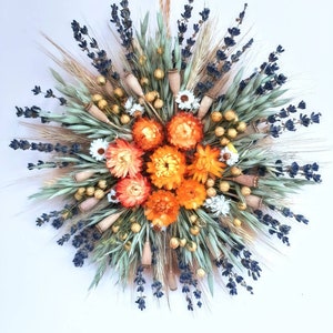 Adorno para puerta, corona de flores secas, corona de lavanda, colgante redondo con flores secas, decoración de pared, decoración de patio y jardín, corona de Pascua