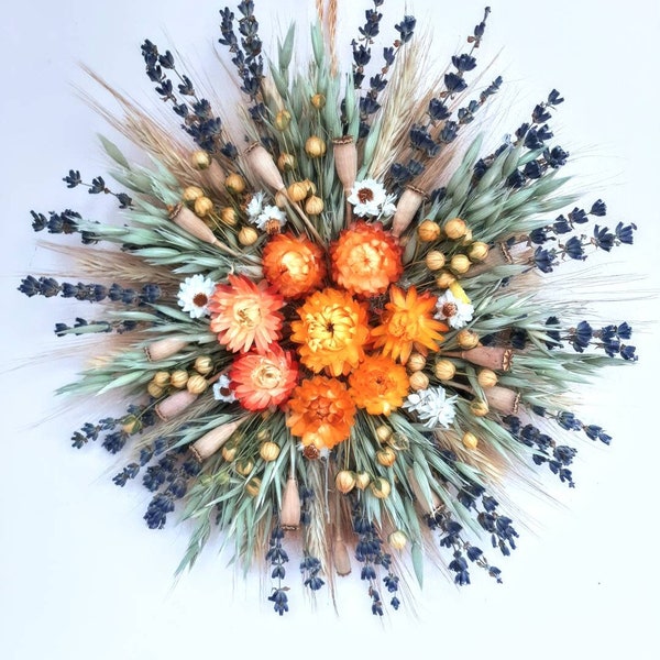Adorno para puerta, corona de flores secas, corona de lavanda, colgante redondo con flores secas, decoración de pared, decoración de patio y jardín, corona de Pascua