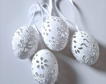 Set of 3 hand carved real duck eggs, Easter tree decorations, Easter gifts, Tables decorations