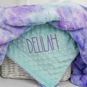 Gepersonaliseerde naam babydeken, zeemeermin tie-dye sorbet Minky & u kiest Minky Dot kleur, baby douchegift, verjaardagscadeau voor kinderen