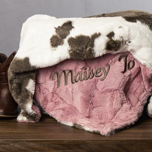 Personalized Baby Blanket, Brown Cow Minky & You Choose Solid Minky Color, Sizes for Adults, Kids, Newborn Gifts, Cow Blanket, Western Theme