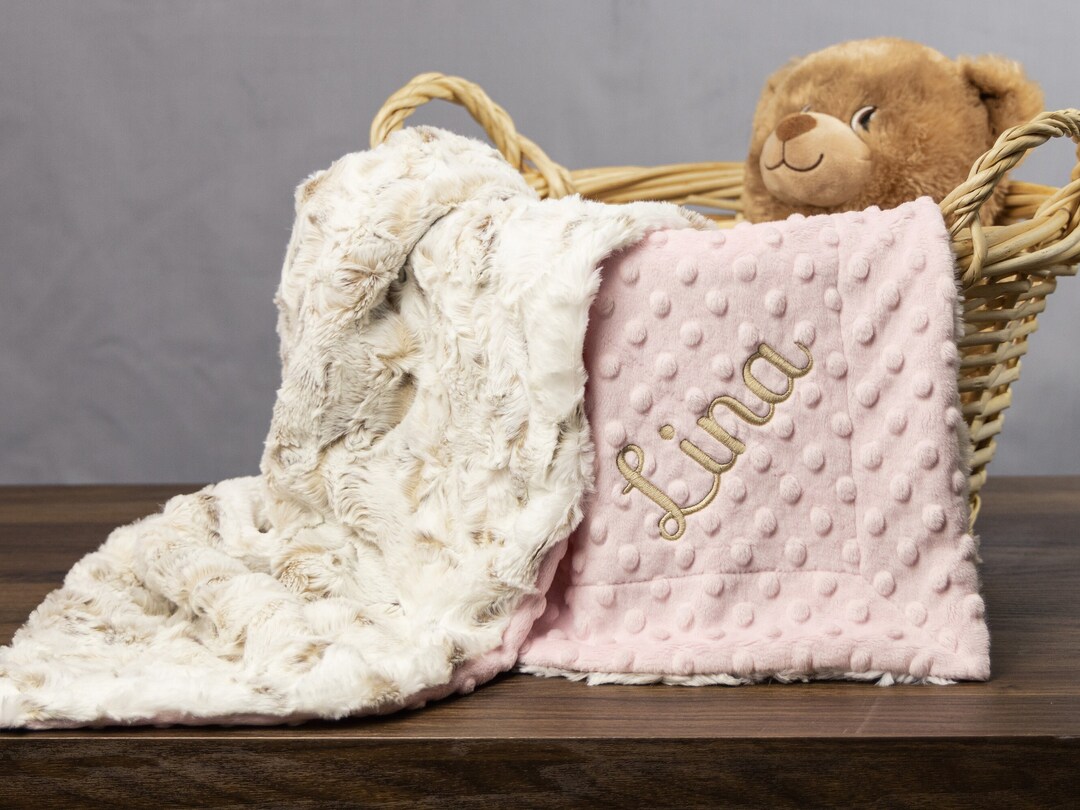 Personalized Baby Blanket, Snowy Owl Minky and You Choose Dot Minky