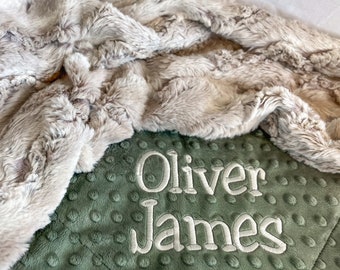 Personalized Baby Blanket with Wild Rabbit Minky and You Choose the Solid Minky, Newborn Baby Shower Gift, Custom Toddler Gift