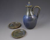 Pottery Lidded Olive Oil Bottle Set with Two Dipping Plates in Blue Glazes, S212