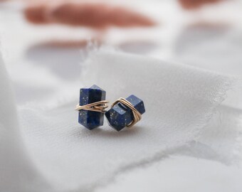 Lapis lazuli gemstone stud wire wrapped earrings, gemstone stud earrings, blue gemstone earrings modern earrings