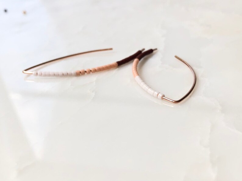 minimalist jewelry dainty earrings Rose gold minimalist Threader earrings threader earrings seed bead earrings pink earrings