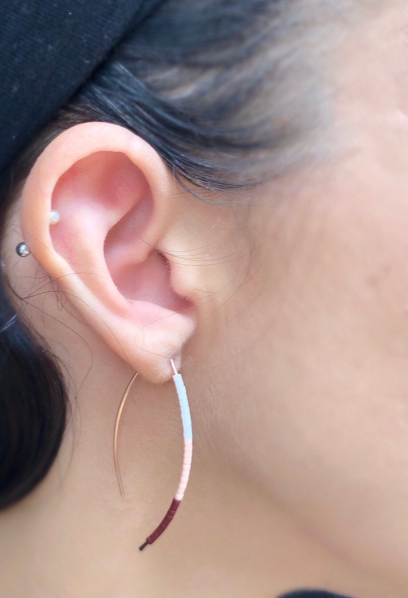 minimalist jewelry dainty earrings Rose gold minimalist Threader earrings threader earrings seed bead earrings pink earrings