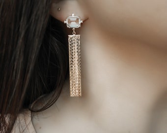 Gold Fringe Crystal Earrings, Long Gold Tassel Earrings, Art Deco Crystal Fringe Earrings, Tassel Chainmail Earrings, Glam Bridal Earrings