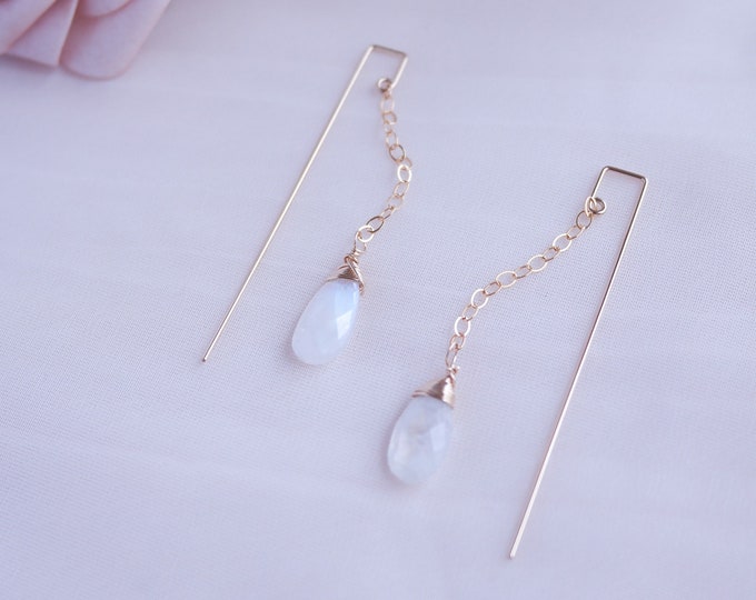 Gold Moonstone Geometric Threader Earrings, Gold Gemstone Earrings, Moonstone Threader Earrings, Rainbow Moonstone Earrings