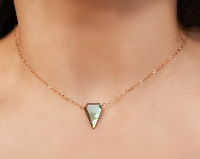 Gold Triangle Labradorite Necklace for Her, Blue Labradorite Necklace, Geometric Hypoallergenic Modern necklace