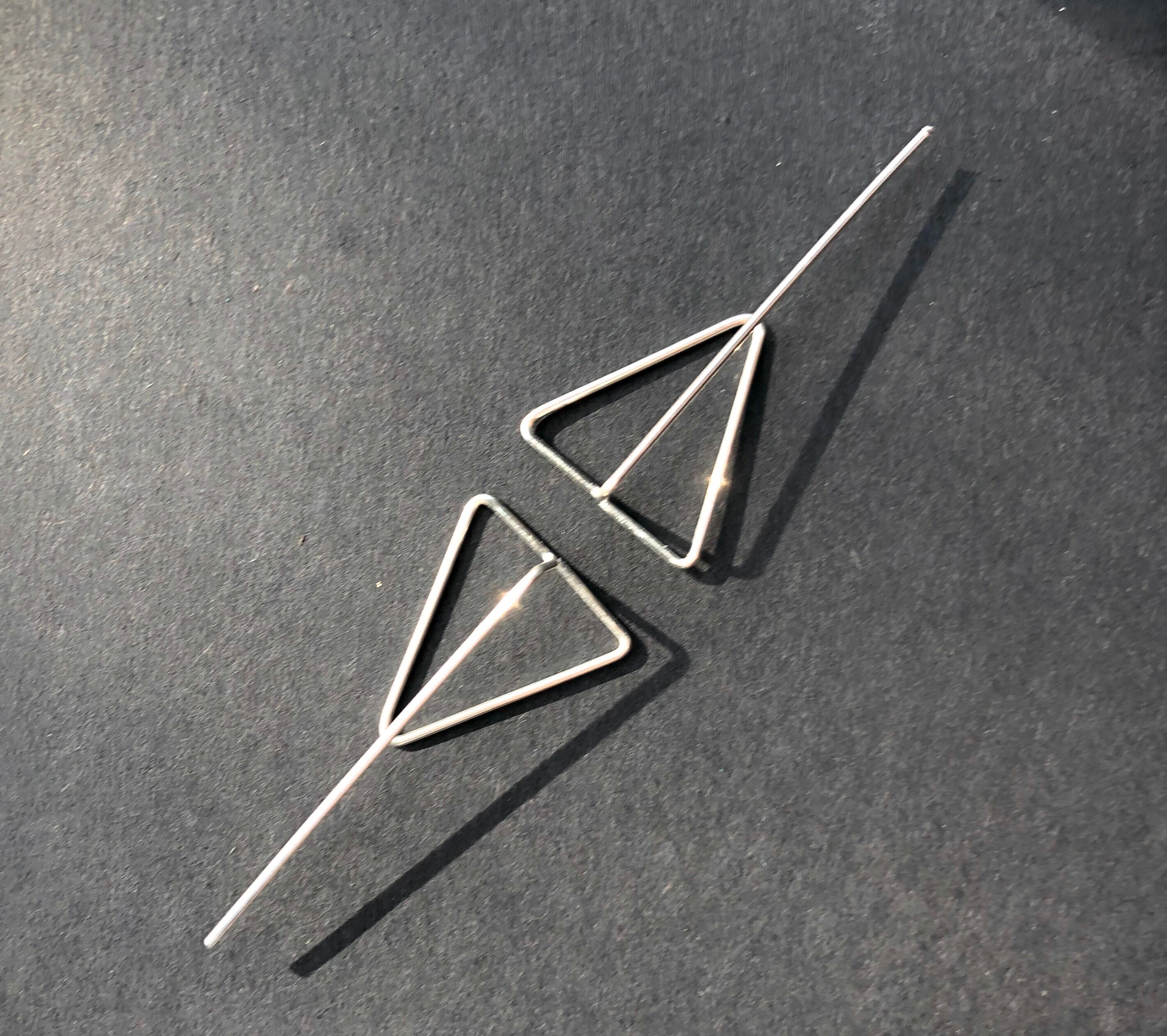 Jewelry trends 2021 Spring gift ideas. Minimalist geometric earrings gold filled and silver triangle shape in mixed metal earrings