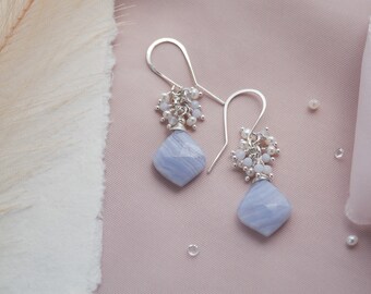 Blue Lace Agate Gemstone Cluster Earrings, Something Blue Bridal Earrings, Pearl Cluster Dangle Earrings