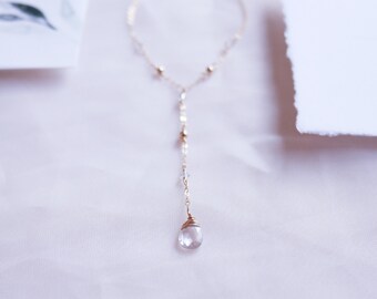 Gold Quartz Lariat Necklace For Women, Crystal Necklace, April Birthstone Necklace, Bridal Crystal Necklace