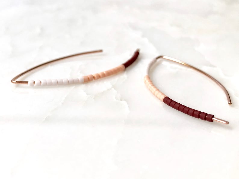 minimalist jewelry dainty earrings Rose gold minimalist Threader earrings threader earrings seed bead earrings pink earrings