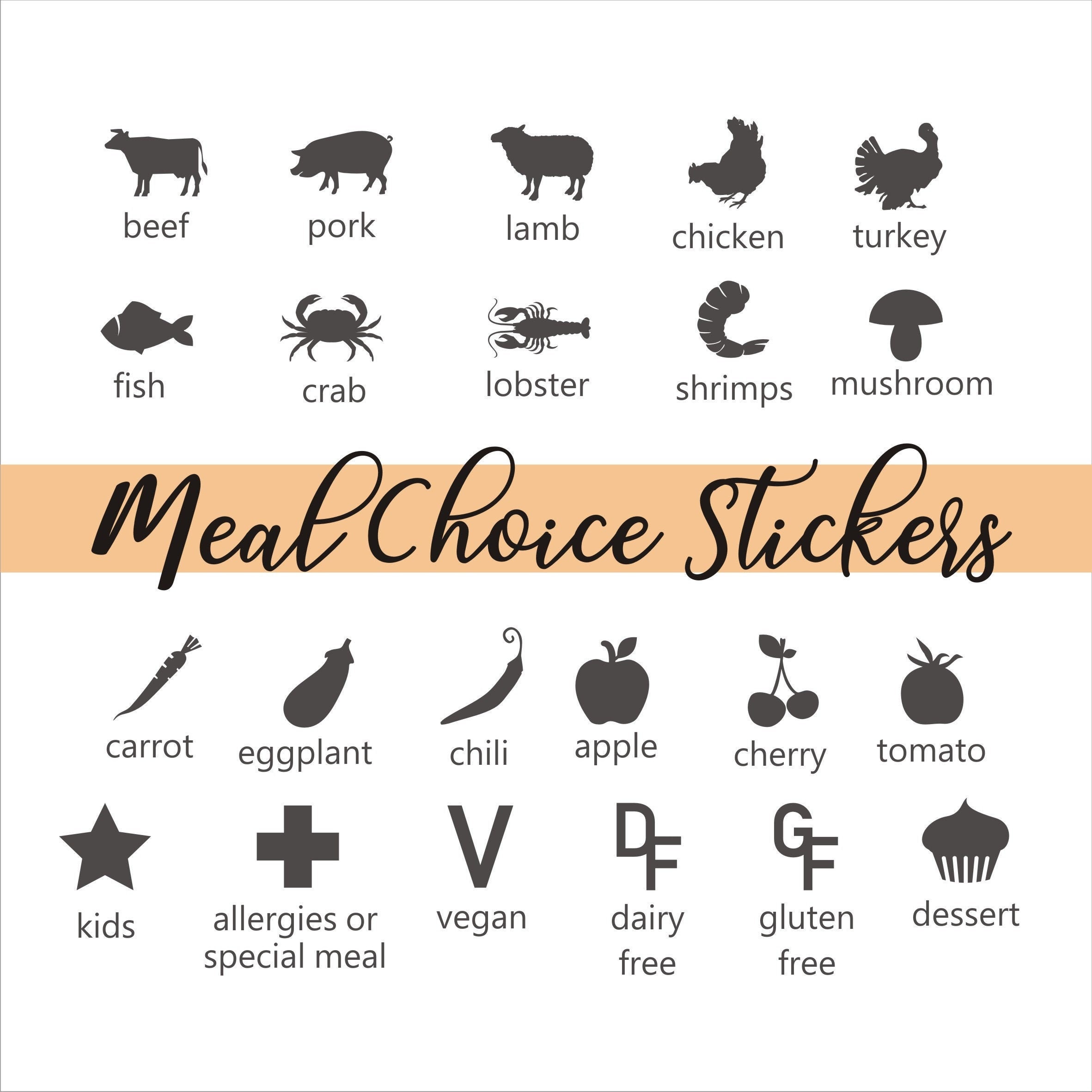 Weddng Tent Place Card Meal Stckers, Weddng Meal Decals, Menu