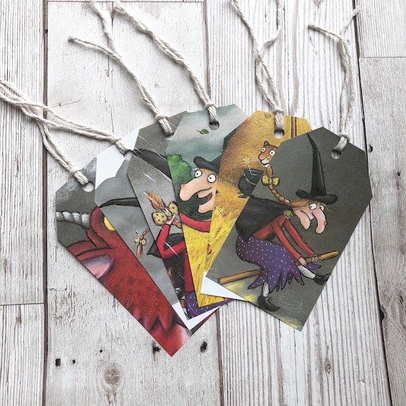 Room On The Broom Gift Tags Labels Upcycled Tags Book Page Handmade Recycled Birthday Wedding Baby Shower