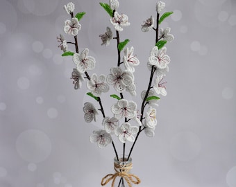 Cherry blossom, set of 3 white cherry blossom branch, french beaded flowers, flowers decoration