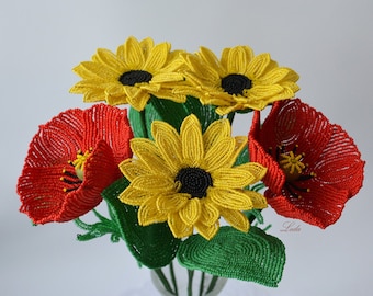 Bouquet of sunflowers and poppies, french beaded flowers, field bouquet