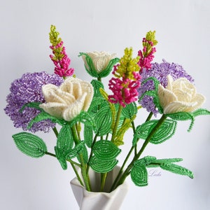 Bouquet beaded flowers, 8 beaded flowers bouquet, artificial flowers