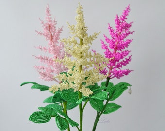 Beaded flowers astilbe, pink astilbe, beaded garden flowers, artificial flower of beads