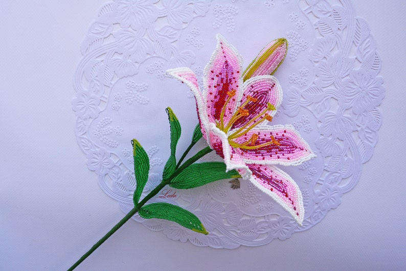Beaded Stargazer Lily french beaded flower pink stargazer | Etsy