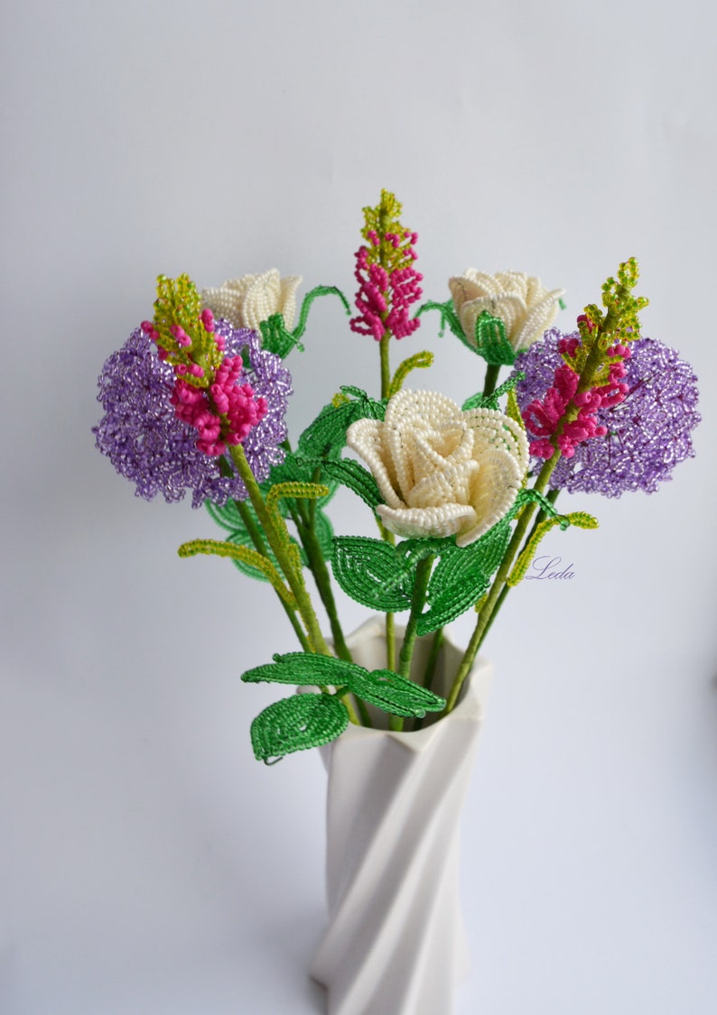 Bouquet Beaded Flowers 8 Beaded Flowers Bouquet Artificial Etsy