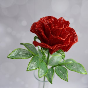 Beaded Rose, Stem Red Rose, French beaded flowers, eternal rose, rose for beloved, red rose flower